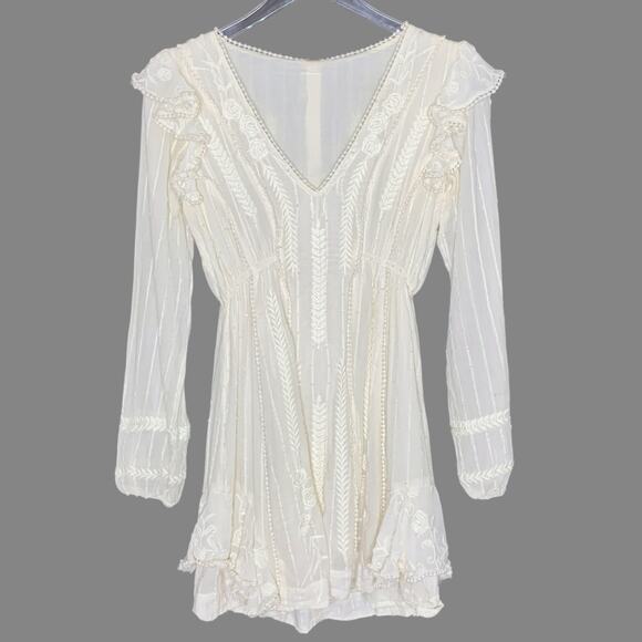 Free People 0 Ivory Isabella Mini Dress Ruffle Swing Long Sleeve Feminine - Picture 2 of 11